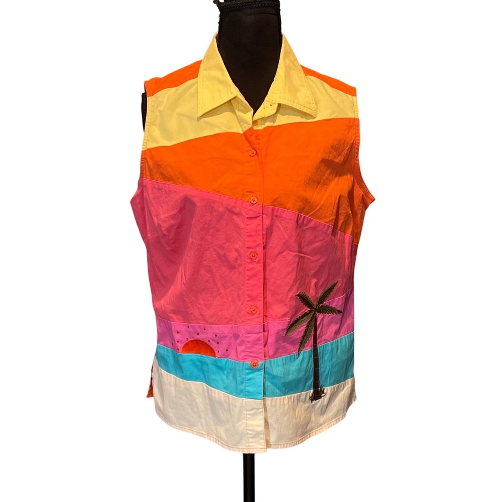 Womens Large Sleeveless Sunset Palm Tree Button Up Retro Resortwear 80s 90s